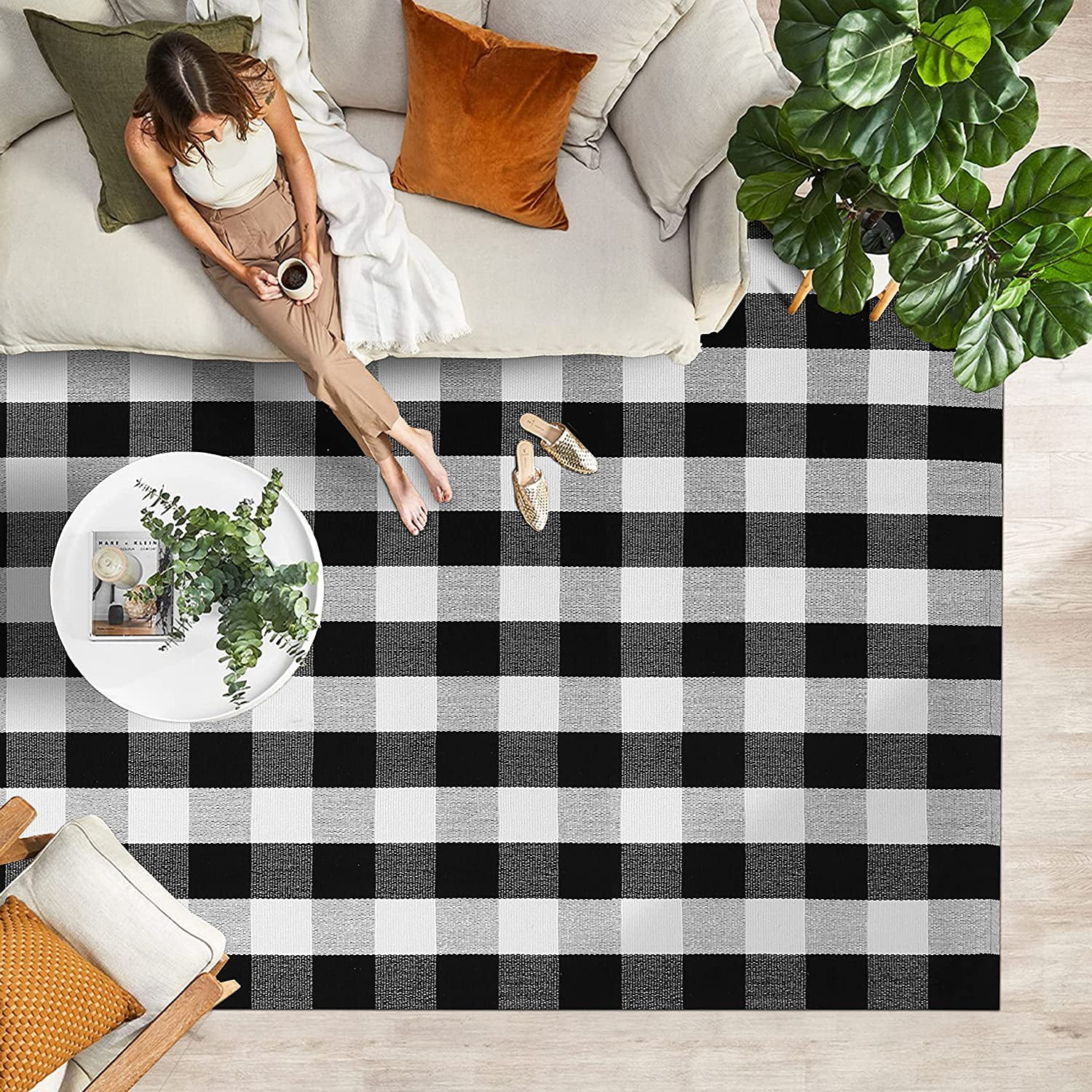 KaHouen Buffalo Plaid Rug, Buffalo Check  Area Rug 67"x90", Cotton Hand-Woven Washable Indoor Outdoor Area Rug Farmhouse、Dining Room、Bedroom、Living Room Rug (5.5X7.5 ft Black White  Area Rug)