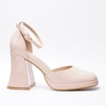 thumbnail image 3 of Women's Nude Pink Smooth Patent Leather Pumps Chunky Block Heel Platform Dress Shoes Ankle Strap Mary Jane Heels for Wedding, 3 of 7