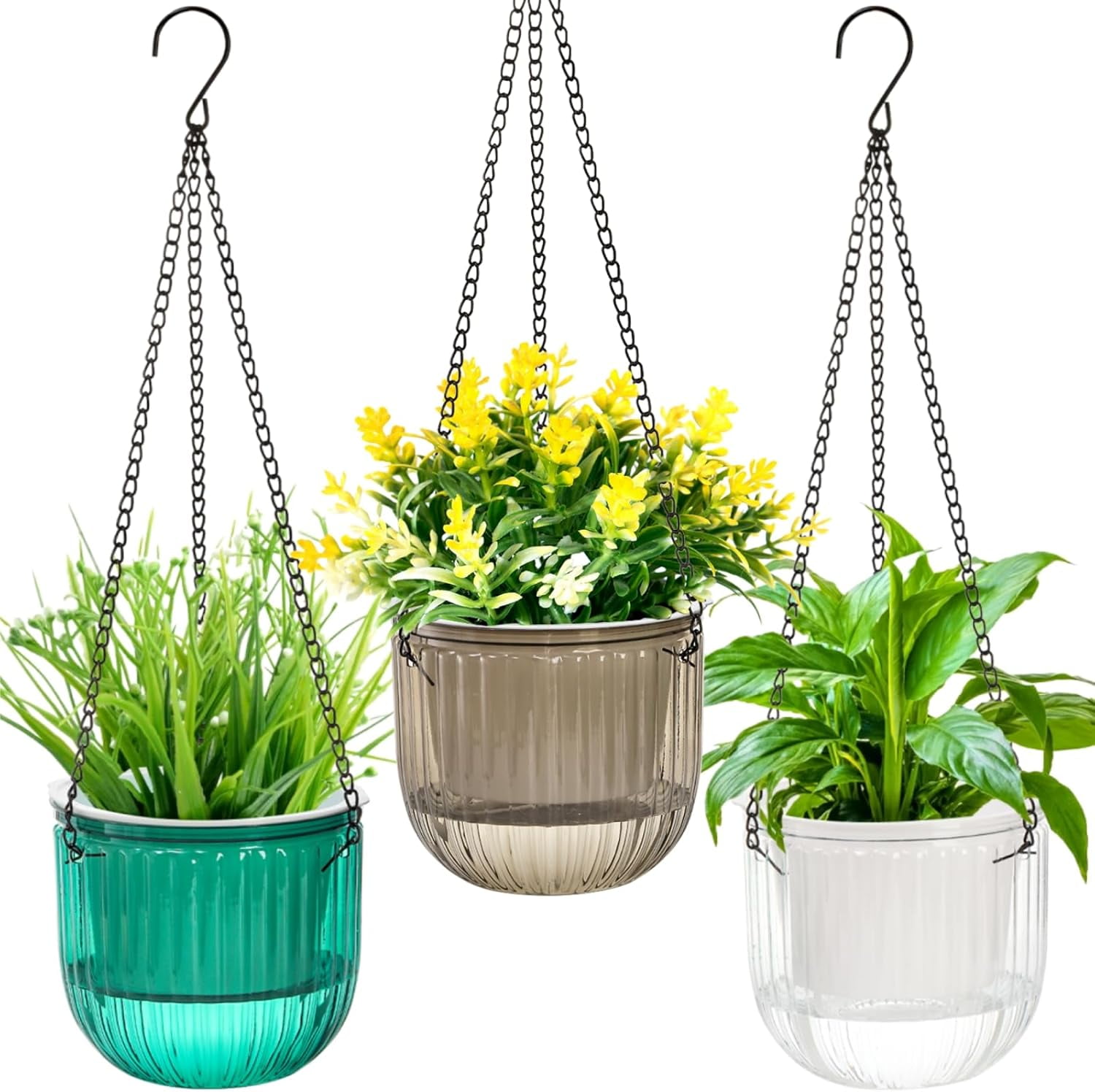 GIXUSIL 3-Pack Small Self-Watering Hanging Planters with 3 Hooks, Indoor Outdoor Flower Pots with Drainage Holes, Gray Plant Hanger Baskets for Home Garden Decor