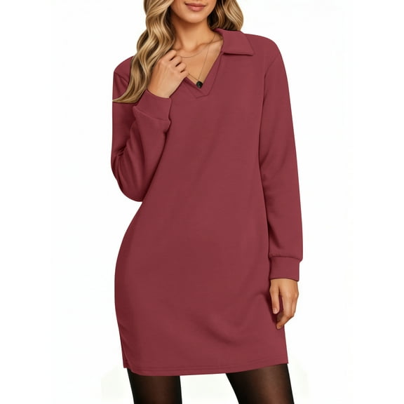 UVN Dresses for Women Long Sleeve Lapel Neck Dress Fall Casual Sweatshirt Dresses