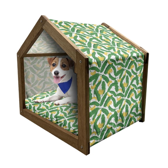 Botany Pet House, Banana with Giant Tropical Palm Leaves Seasonal Nature Graphic, Outdoor & Indoor Portable Dog Kennel with Pillow and Cover, 5 Sizes, Hunter Green Yellow, by Ambesonne