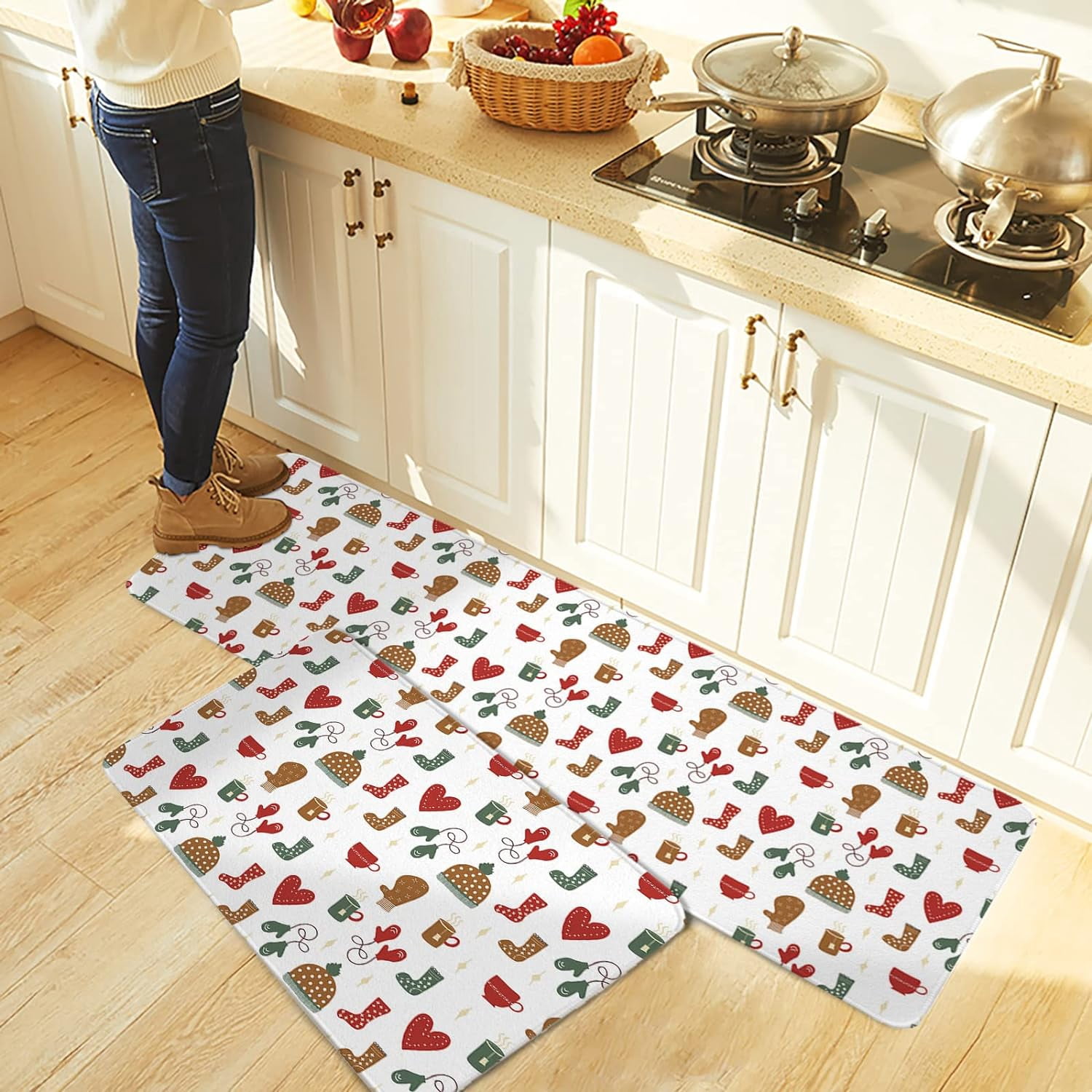 Kitchen Rug Mat Warm Christmas, Set of 2, Anti-Fatigue Non-Skid Washable Kitchen Runner Rugs, Soft Comfort Rug for Kitchen, Floor Home, Front of Sink, Laundry