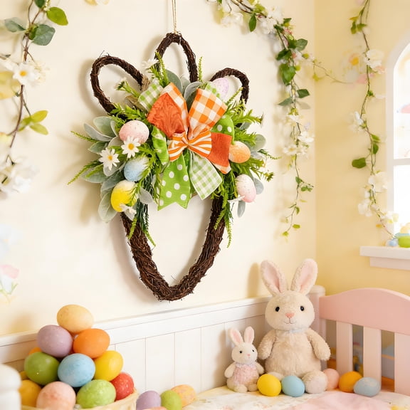 SUOKOM 19.6in Easter Carrot Wreath, Spring Carrot Shaped Artificial Flower with Colorful Eggs for Front Door Summer Farmhouse Easter Holiday Wall Home Window Decor