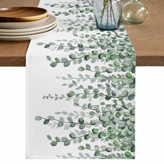 Table Runner 70 Inches Long for Kitchen Dining, Green Eucalyptus Leaves Dresser Scarf Farmhouse, Dining Table Decorations for Wedding/Parties, Summer Botanical Weeping Watercolor 13 x 70 In