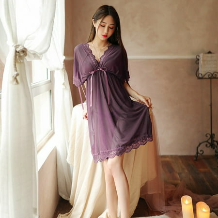 

KUNPENG Women V Neck Short Sleeve Sexy Lace Trim Sleepwear Nightdress Pajamas