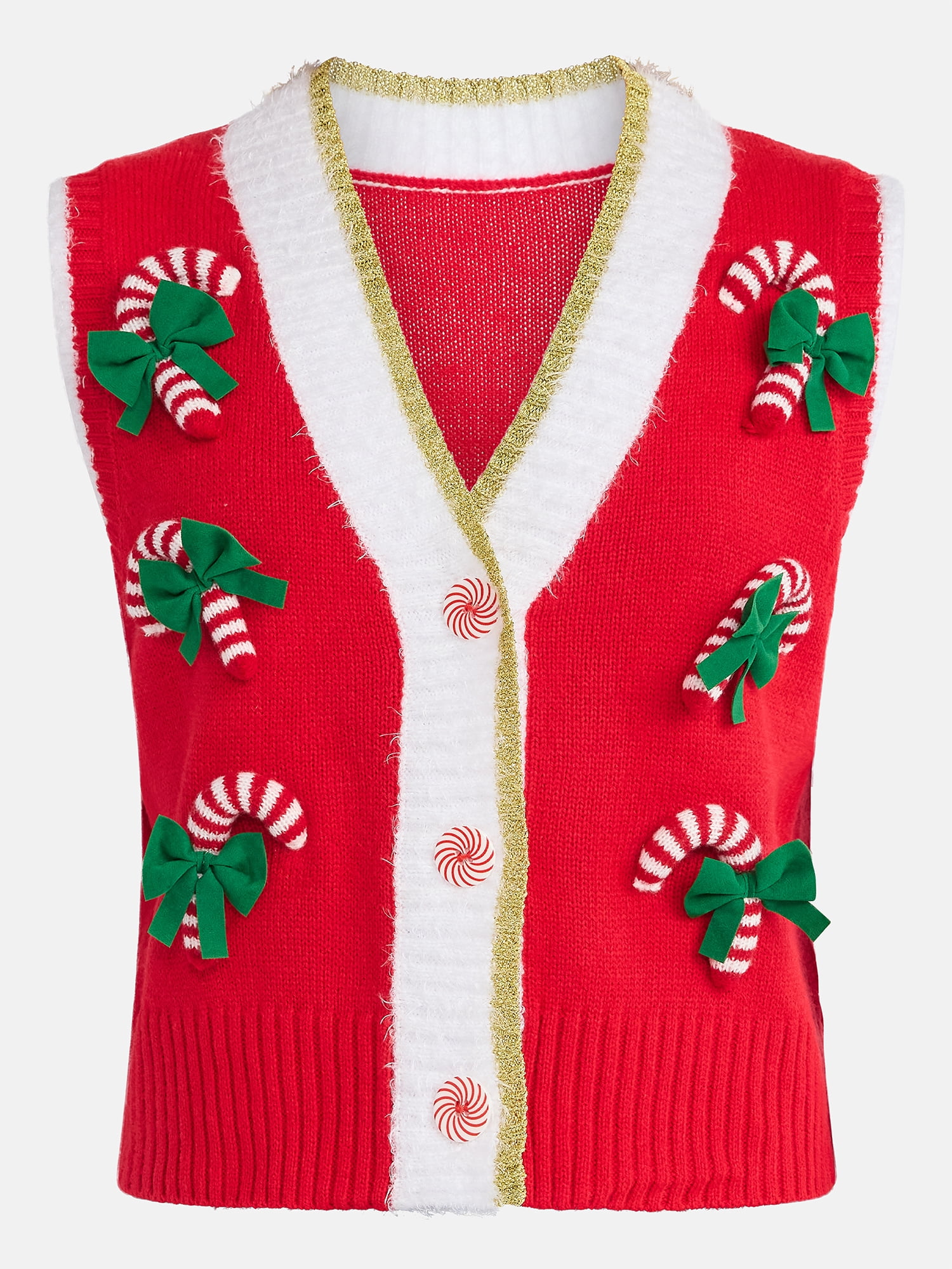 No Boundaries V-Neck Button Front Christmas Vest, Women’s