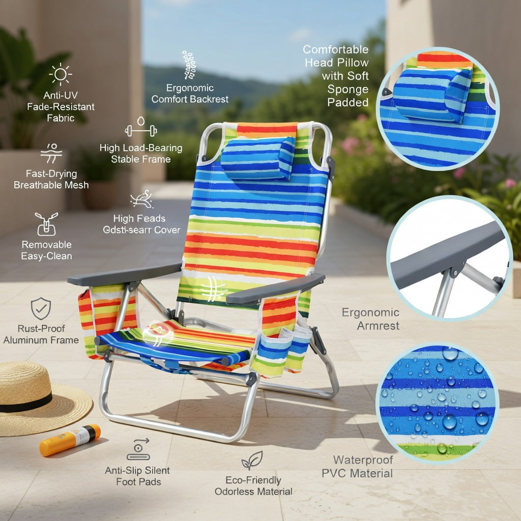Hommoo 4-Pack Adjustable 5-Position Folding Beach Chair Set with Pillow, Lightweight Aluminum Frame, Waterproof PVC Fabric, Yellow