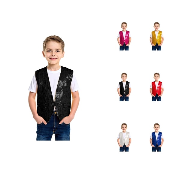 Boys Girls Sparkly Sequin Vest Jazz Hop Dance Tops Sleeveless Open Front Vest Jacket Shiny Dance Top