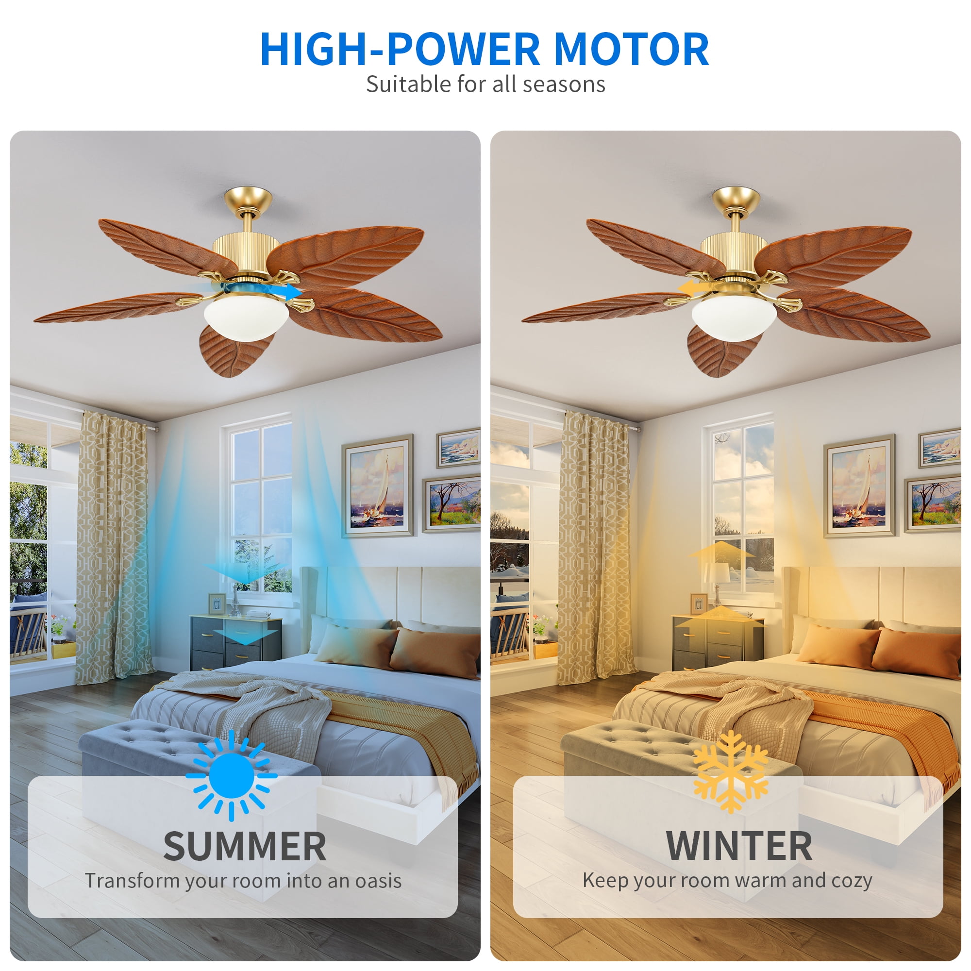 Uforic 52" Espresso 5-Blade Ceiling Fan with LED, remote control, 6-speed quiet DC motor, reversible, Gold