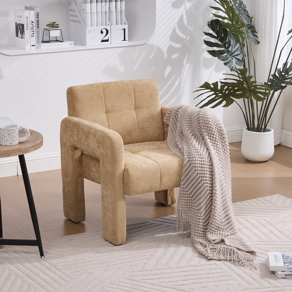 Oufan Mid Century Single Chair, Chenille Armchair with Upholstered, Comfortable Reading Chair, Nordic Style Casual Seating for Living Room, Yellow
