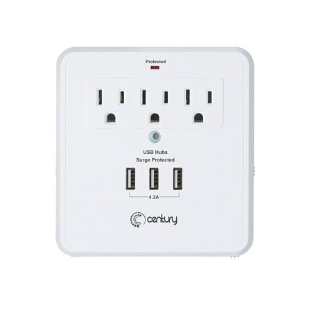 Century 3 Outlet Wall Mount Surge Protector Adapter with 3 USB Charging Ports (4.2A) -