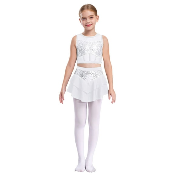 renvena Kids Girls Sequin Crop Top with Skirt Set Jazz Latin Hip Hop Modern Lyrical Dance Outfits Performance Costume White 14