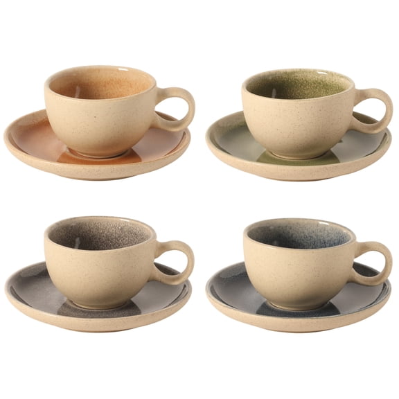 Gibson Elite Manila Bay 8-Piece Stoneware 5 oz Cup and Saucer Set, Reactive Glaze Espresso & Coffee Cups with Saucers, Assorted Colors