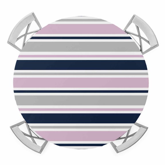 Elastic Fitted Round Tablecloth, Pink Grey Striped Waterproof Stretch Table Cover for 36"-44" Tables, Farmhouse Stripes Modern Abstract Art Washable Outdoor Tablecloths for Patio, Picnic, Camping