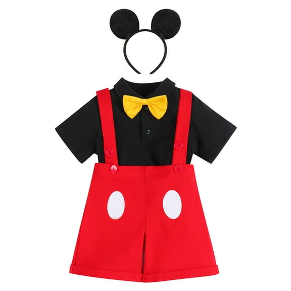 IBTOM CASTLE Baby Boys Gentleman First Birthday Cake Smash Outfit Bowtie Romper Suspenders Short Pants Mouse Ears Headband 18-24 Months Red Black