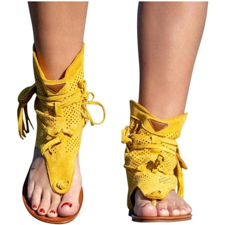 

Flat Gladiator Sandals for Women Retro Bohemian Summer Tassel Back Strappy Open Toe Casual Sandals Roman Beach Thong Shoes White 8.5