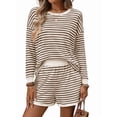 thumbnail image 3 of 2 Piece Sets for Women Summer Cute Stripe Long Sleeve Knit T Shirts Shorts Matching Lounge Set Khaki S, 3 of 8