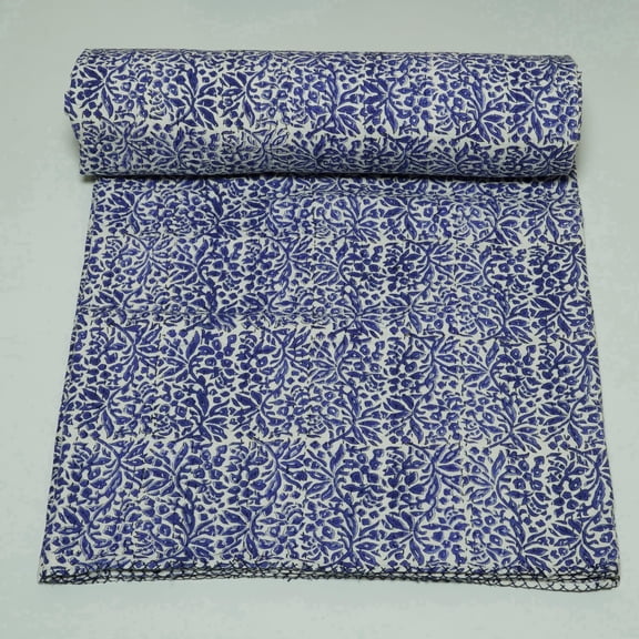 Blue Floral Block Print CottonIndian Kantha Quilt – Handmade Indian Bedspread for Bedding, Sofa Décor & Cozy Home Style