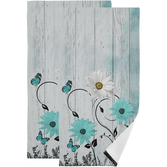 Teal Aqua Turquoise Daisy Hand Towels for Bathroom Set of 2 Soft Absorbent Rustic Flower Butterfly on Farm Wood Small Bath Towels Decorative Kitchen Dish Towel Guest Bathroom Towels 28x14in