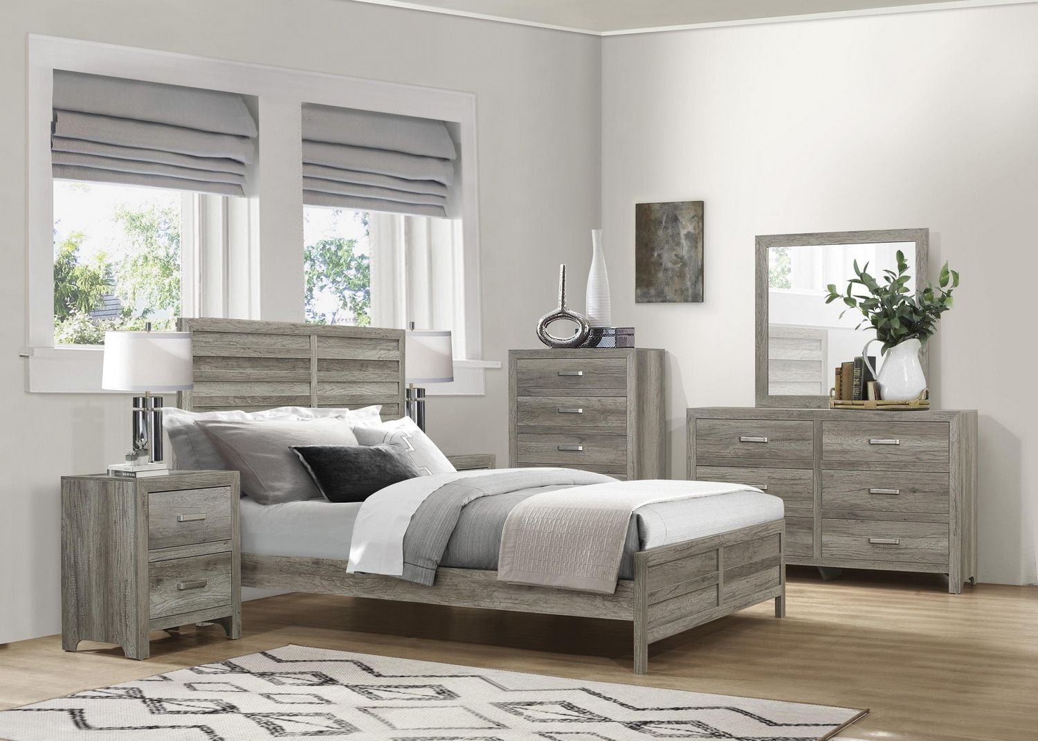 Topline Home Furnishings Ensemble de chambre à coucher pour très grand lit 6 pièces gris patiné