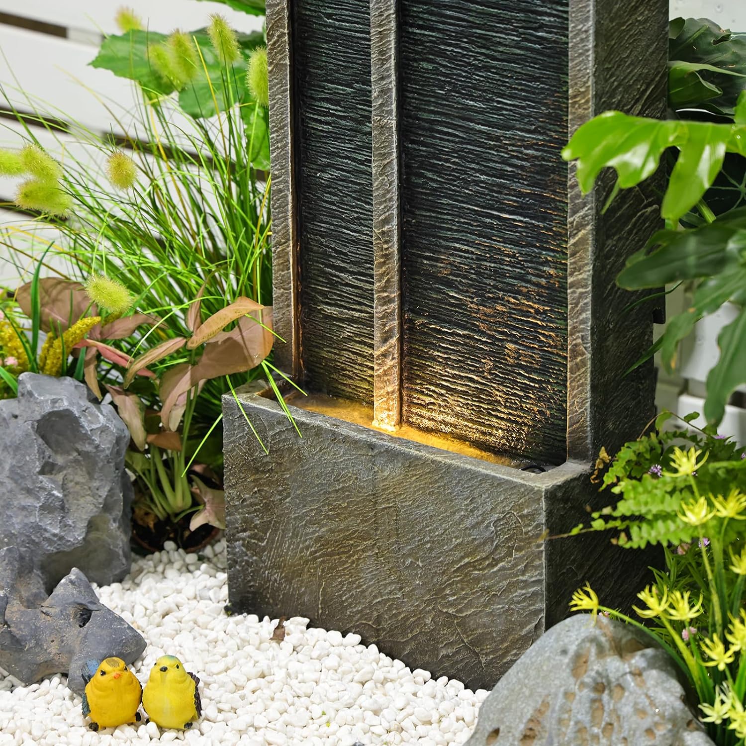 Water Fountain Outdoor Garden- 35.43 Inches Square Outdoor Water Fountains Indoor with Led Lights Floor Standing Waterfall Fountain for Backyard and Garden Small Porch Home,Deck