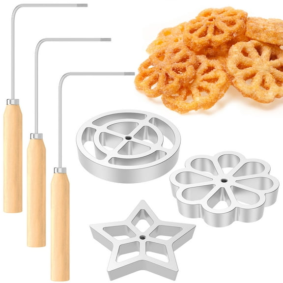 Ikoopy 3Pcs Bunuelos Mold Set with 3 Wooden Handles Aluminum Alloy Rosette Molds Set Non-Stick Bunuelos Cookie Maker Mold Reusable Bunuelos Cookie Mold Waffle Molds for Kitchen Baking Cooking