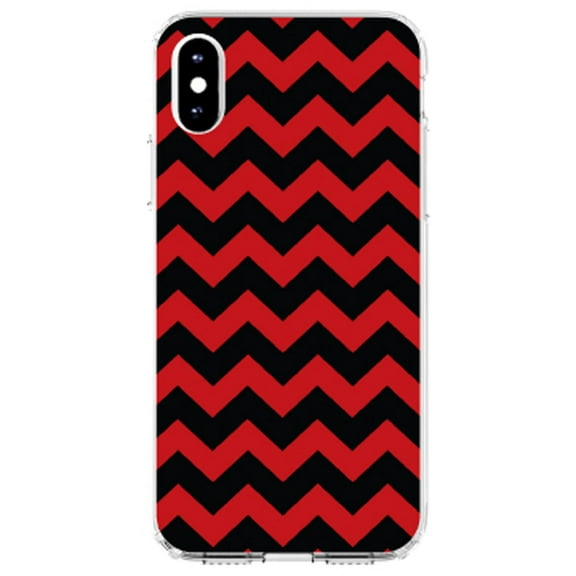 DistinctInk Clear Shockproof Hybrid Case for iPhone XR (6.1" Screen) - TPU Bumper, Acrylic Back, Tempered Glass Screen Protector - Black Red Chevron Stripes - Chevron Stripes Pattern