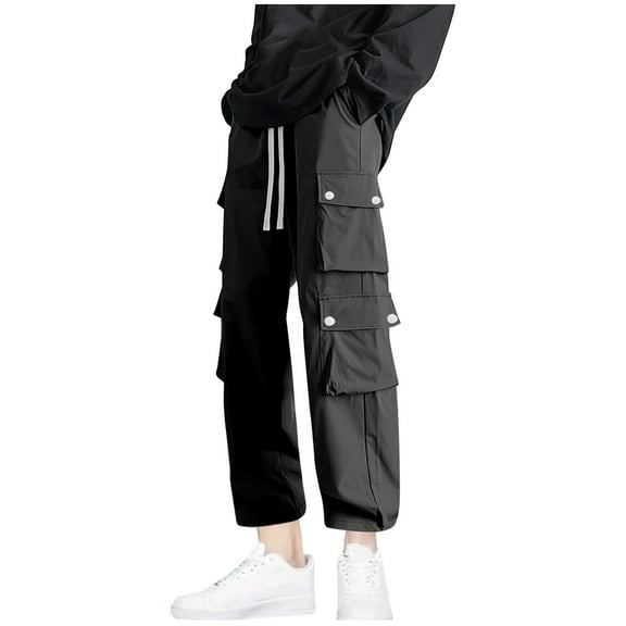 Dagegui Cargo Pant for Men Drawstring Elastic Waist Jogger Pant Straight-Leg Ankle Length Athletic Pant with Pockets Black 2XL