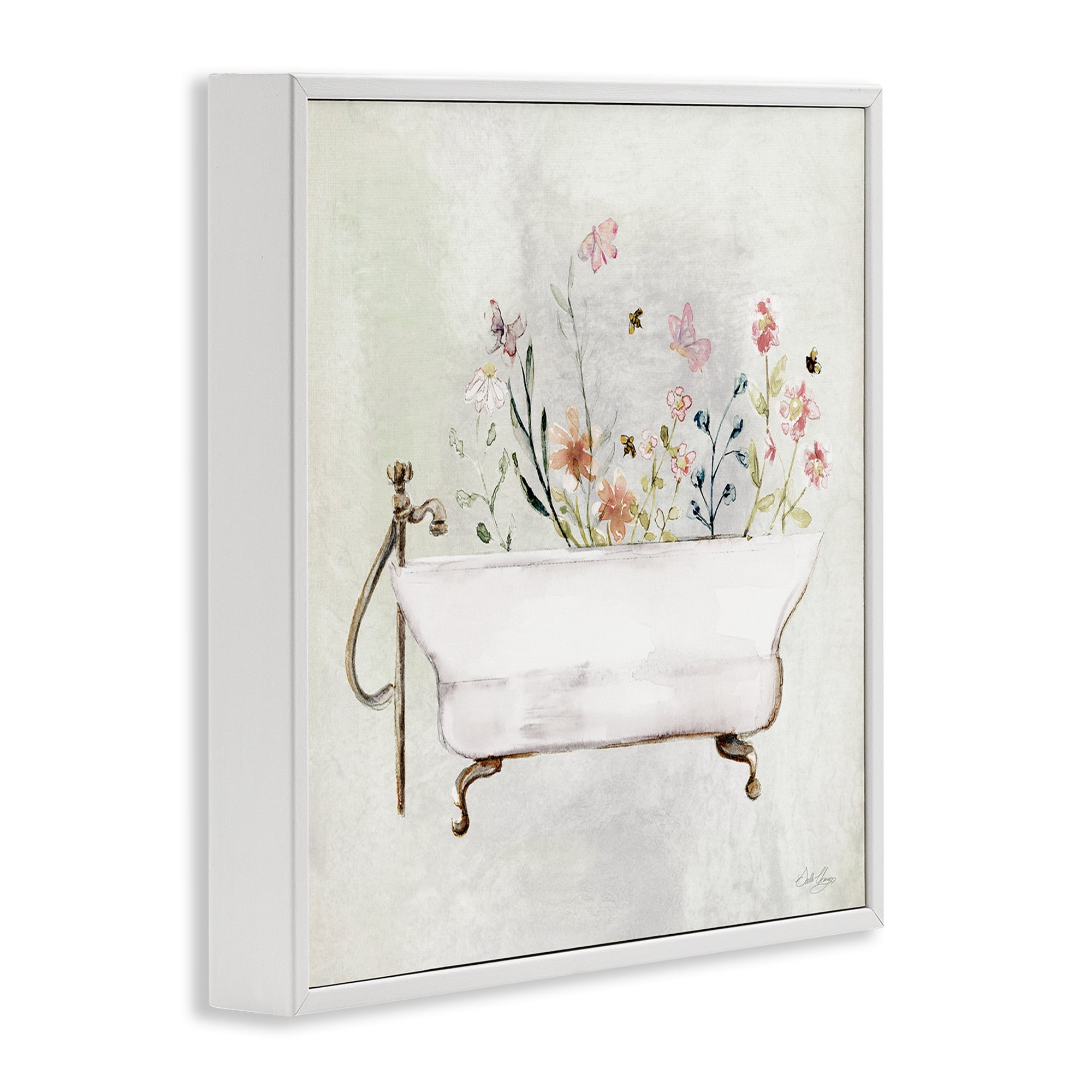 Stupell Industries Butterfly Floral Tub Typography Painting White Framed Art Print Wall Art, 24 x 24