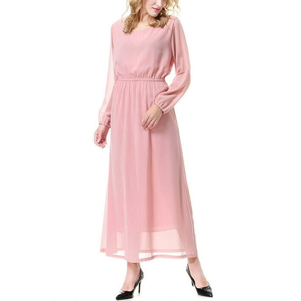 Women's Long Sleeve Chiffon Muslim Abaya High Waist Robe Maxi Dress ...