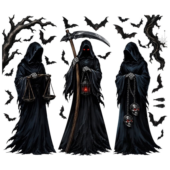 Miguan 3 Pack Large Grim Reaper Halloween Window Stickers 13.78in × 35.43in, Spooky Reaper Bat Skull Wall Decals, Removable Static Clings for Front Door Garage Halloween Home Decor