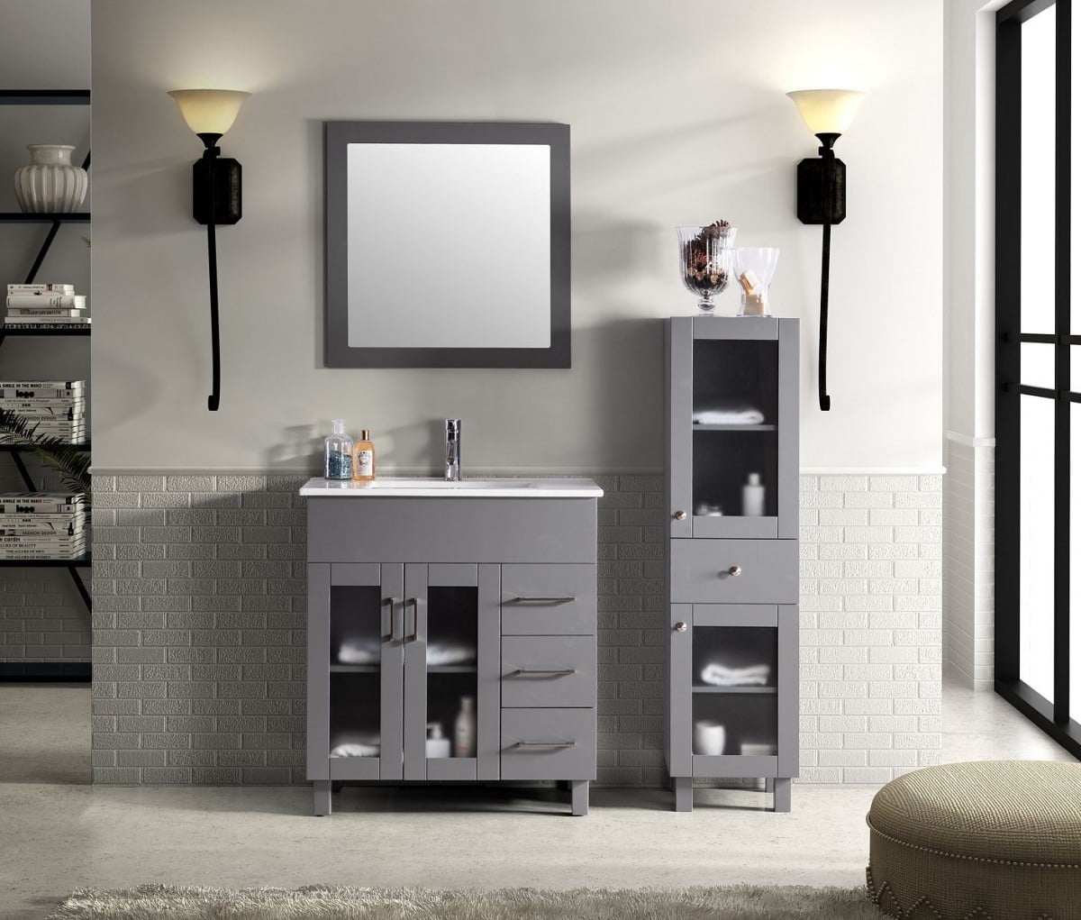 32 Inch Single Sink Bathroom Vanity Grey Cabinet With Ceramic Basin Countertop - Laviva