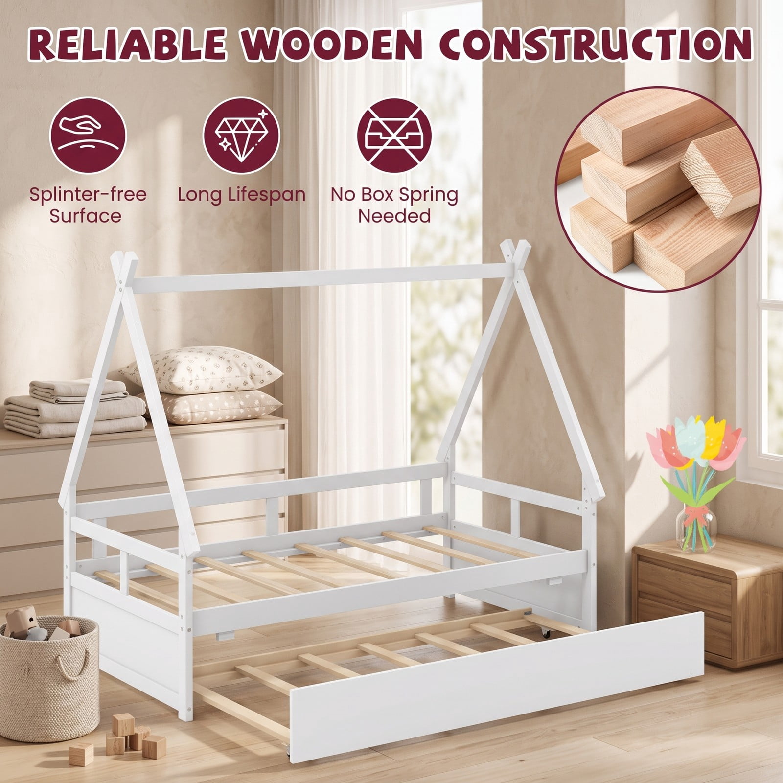 Furnibear Twin Bed Frame, Montessori House Bed with Pull Out Trundle, Safety Guardrail and Wooden Slat Support for Kids Room, White