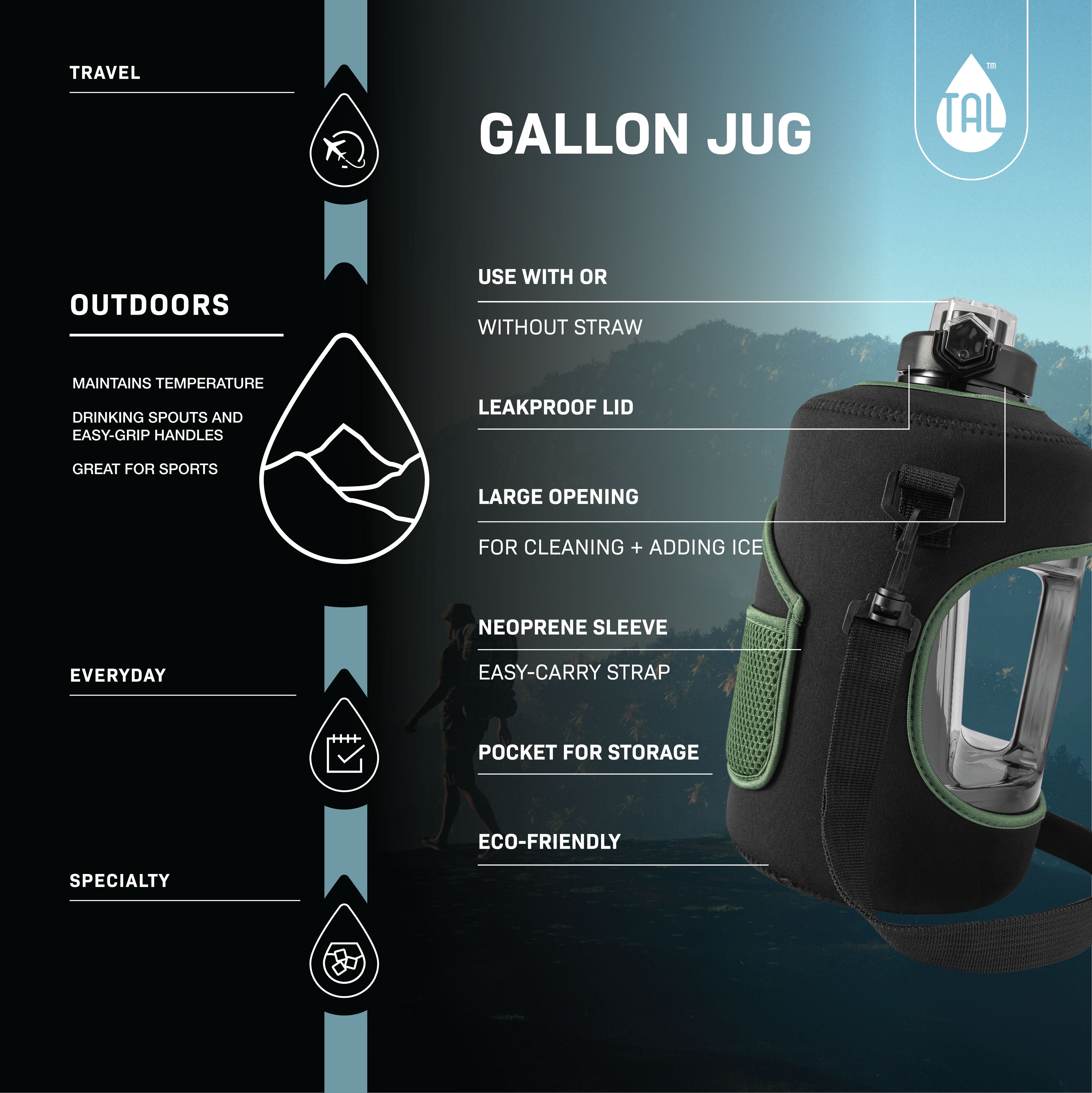 TAL Motivational Gallon Jug Water Bottle with Handle, Push Button Lid & Straw, Neoprene Sleeve, Easy-Carry Strap, Green Palms