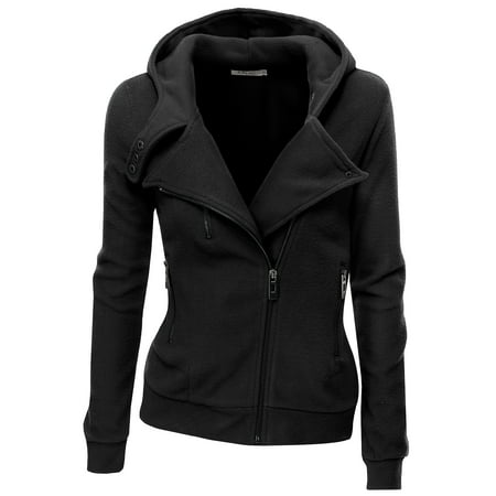 Doublju Women's Women's Fleece Casual Zip-Up High Neck Hoodie Jacket BLACK (Best Navy Pea Coat)