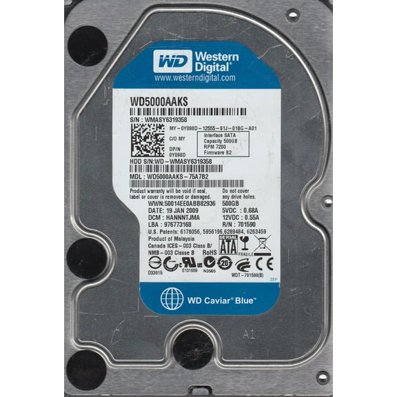 WD5000AAKS-75A7B2, DCM HANNNTJMA, Western Digital 500GB SATA 3.5 Hard Drive
