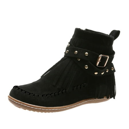 

Jsaierl Tassel Flat Ankle Boots for Womens Suede Fringed Boot Shoes Round Toe Slip On Dressy Short Booties Western Fringe Cowboy Low Heel Bootie