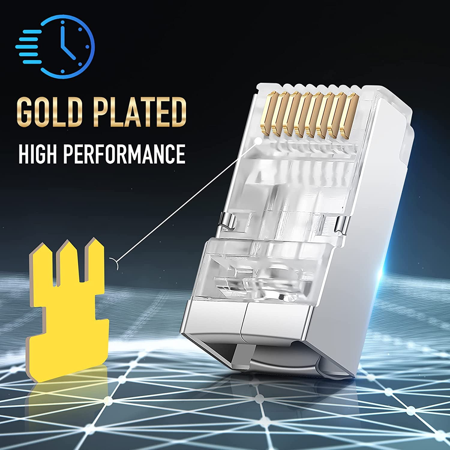 Shielded RJ45 Cat6 Cat 6A Connectors - Pass Through Connector Gold Plated 3  Prong 8P8C Modular Plugs for FTP/STP 