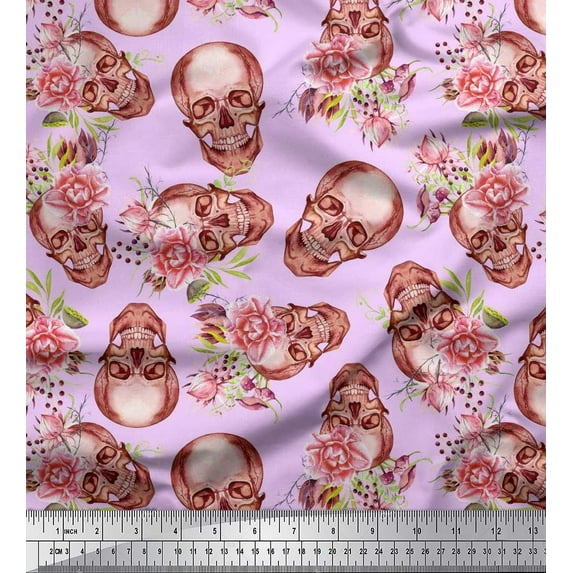 Soimoi Modal Satin Fabric Skull & Begonia Floral Print Fabric by Yard 42 Inch Wide