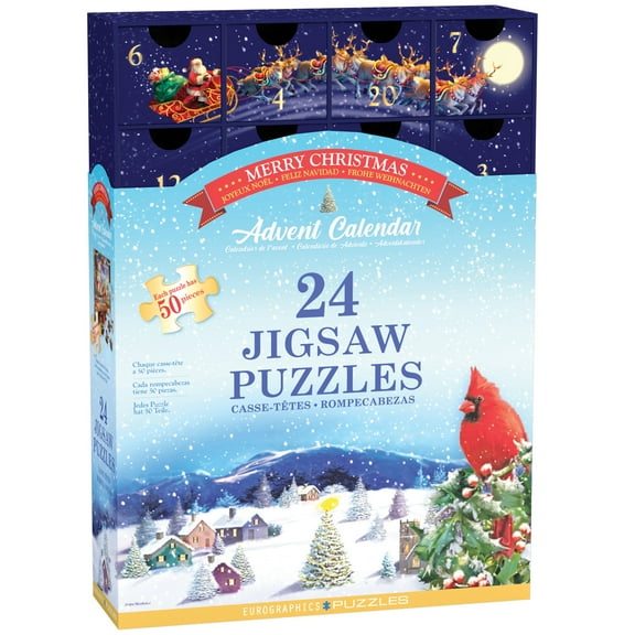 Eurographics: Puzzle Advent Calendar: Merry Christmas - 24 Daily Unique Individual Jigsaws, 5x 5" 50pc Each, 1200pcs Total, Holiday Countdown Gift
