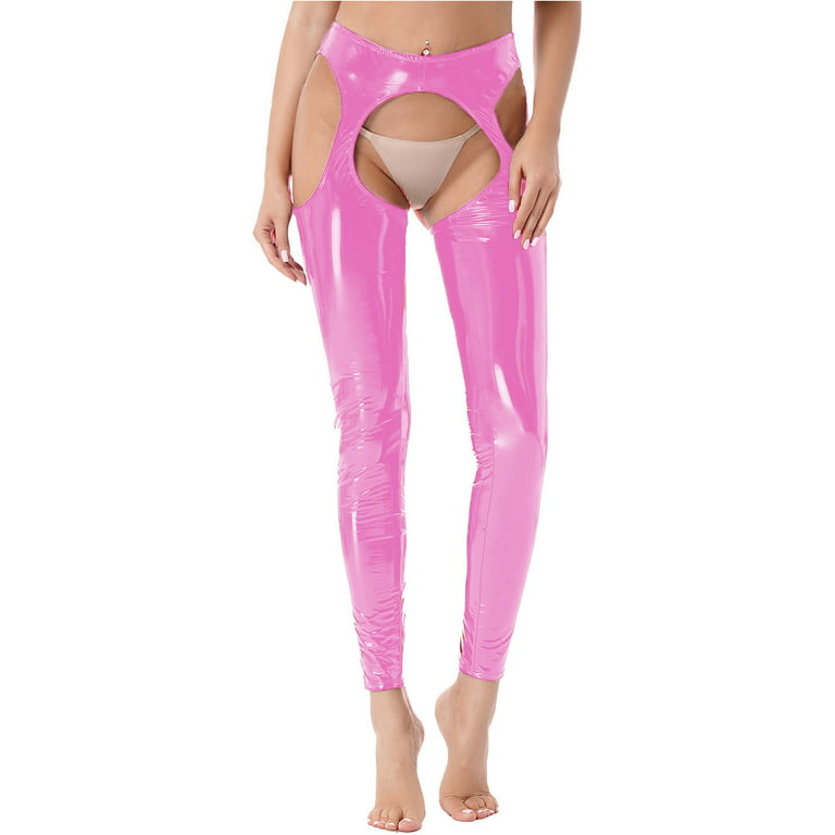 YONGHS Women's Patent Leather Hollowing Out Bottoms Leggings Long Assless  Chaps Pants Pink M
