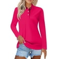 thumbnail image 2 of Womens Long Sleeve Collared Polo Shirts V Neck Button Down, Casual Athletic Golf Sport Tee Tops Hot Pink M, 2 of 6