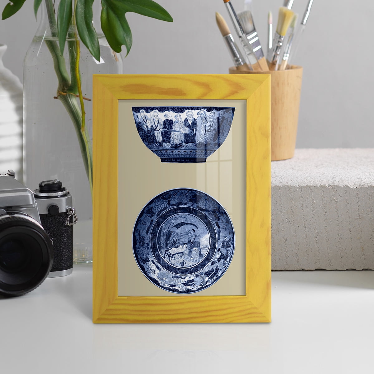 Porcelain in Blue and White II -Framed Print w/glass-Sunflower Yellow
