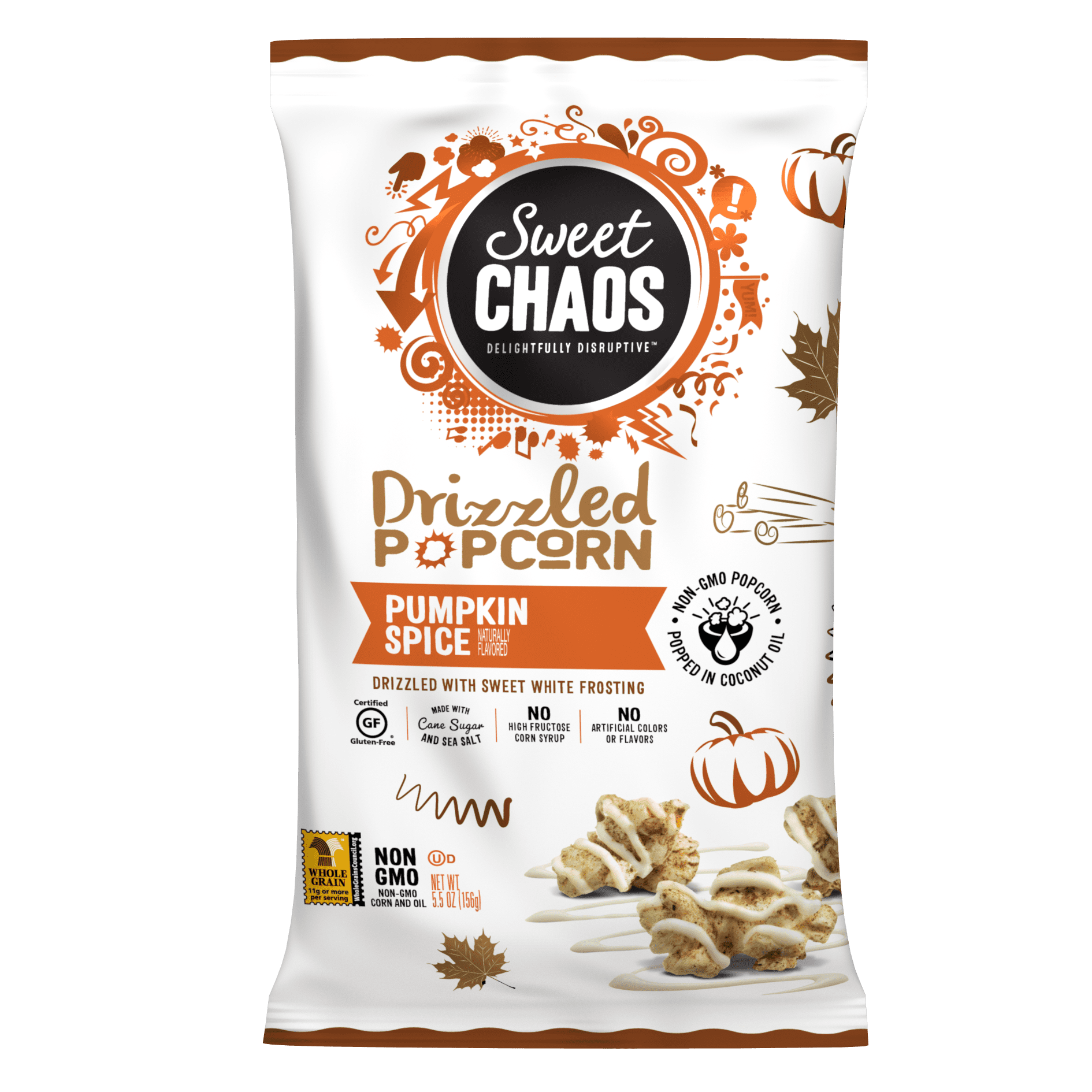 Sweet Chaos Pumpkin Spice Drizzled Popcorn 5.5 oz. Bag - Non-GMO Popcorn Drizzled with Sweet White Frosting and Pumpkin Spice Natural Flavor