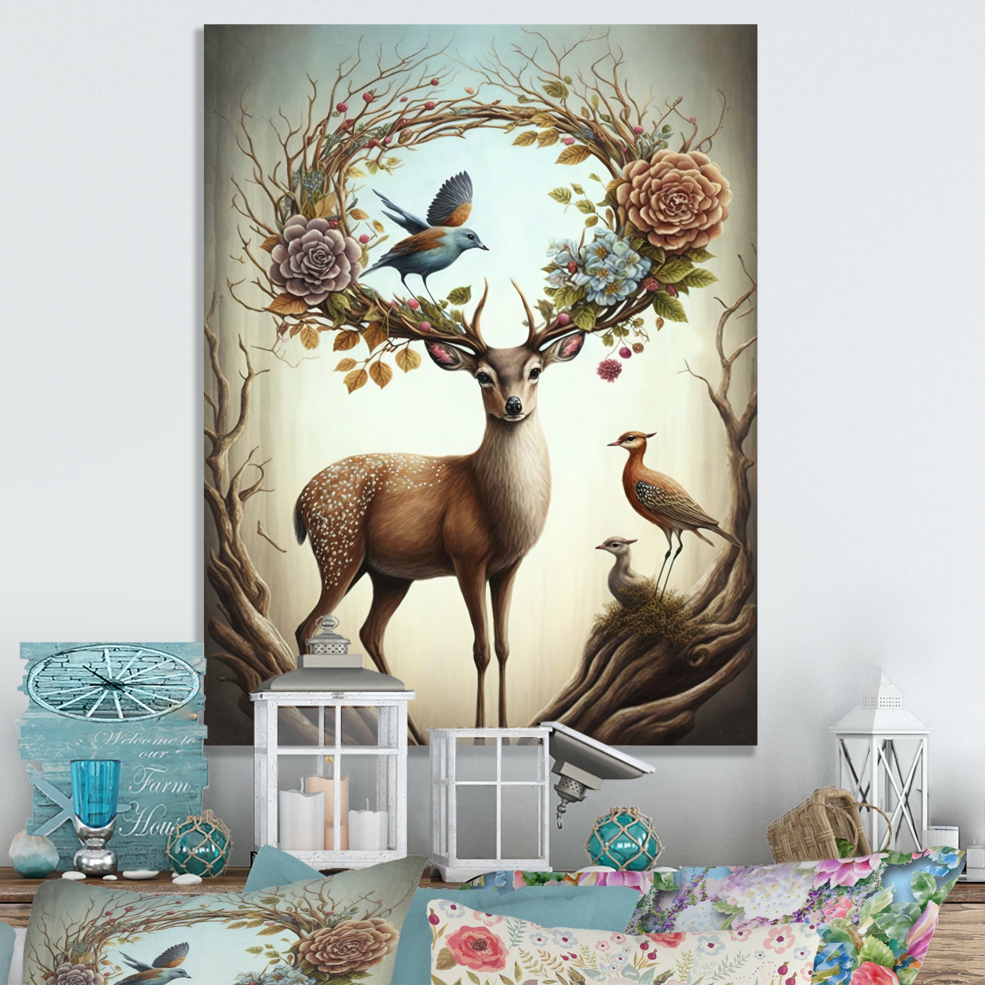 Designart Deer With Blooming Antlers IV Canvas Wall Art