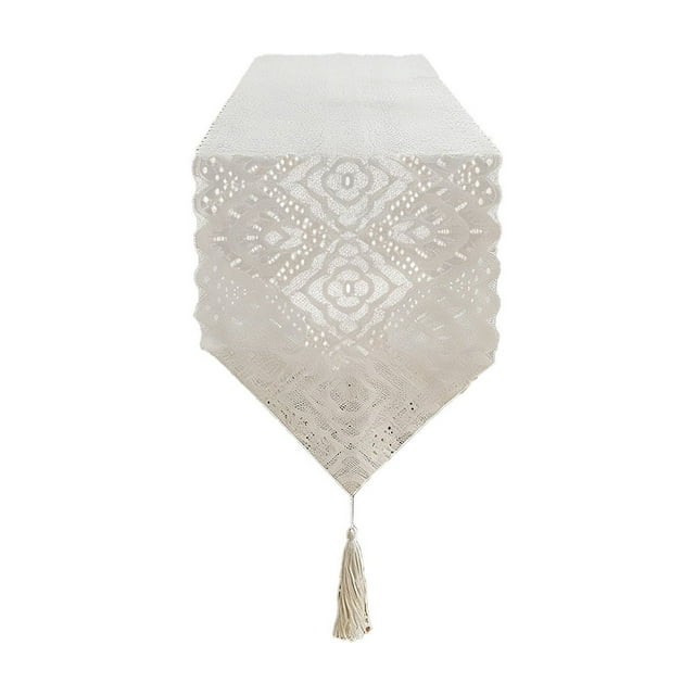 Lace Table Runner 100x30cm Lace Tassel Tablecloth Cover, Openwork Design for Dining Table Sideboard & Shoe Cabinet