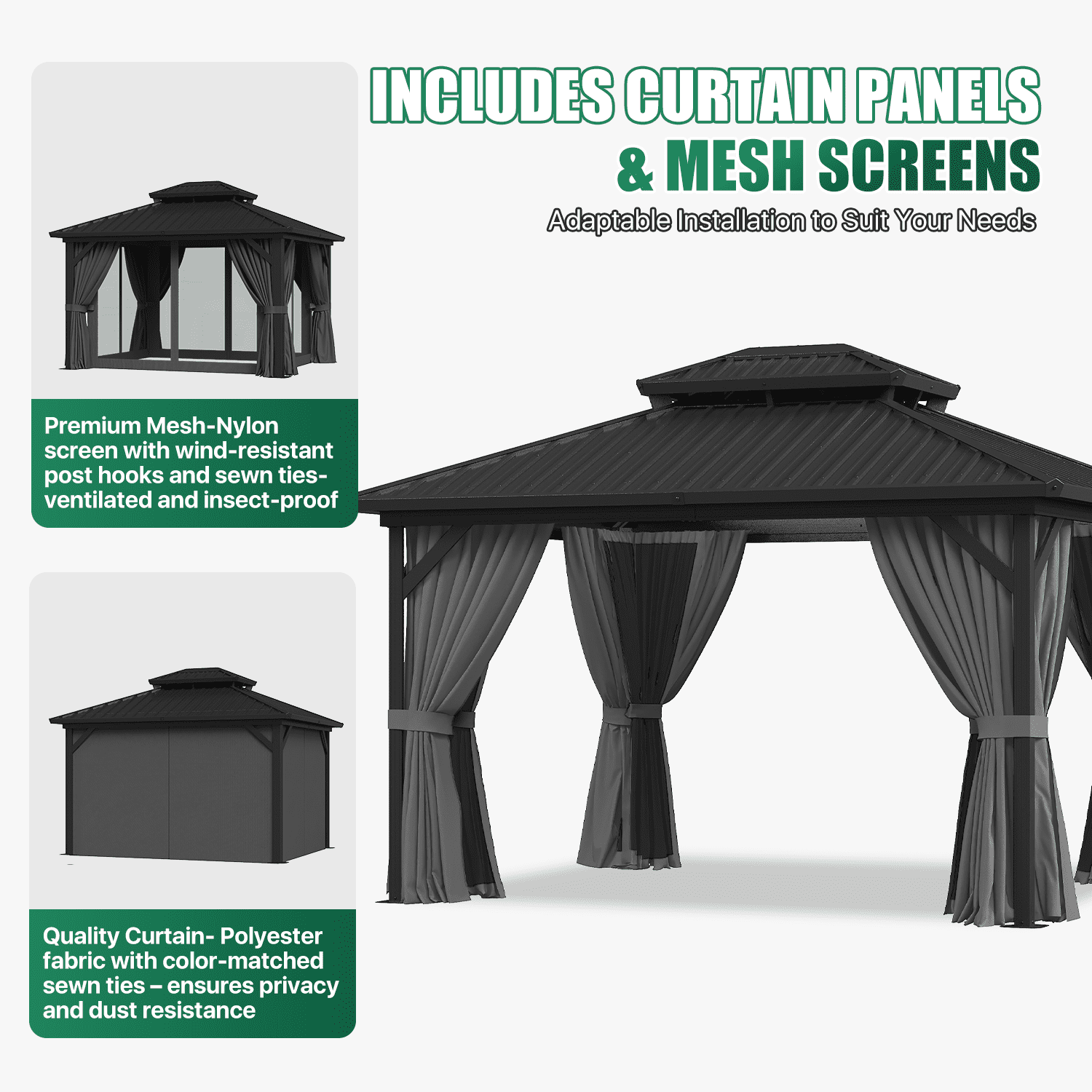 LazySunsets 12' X 10' Hardtop Gazebo with Double Roof Outdoor Gazebos for Patio Lawn and Garden Included Netting and Curtains, Gray