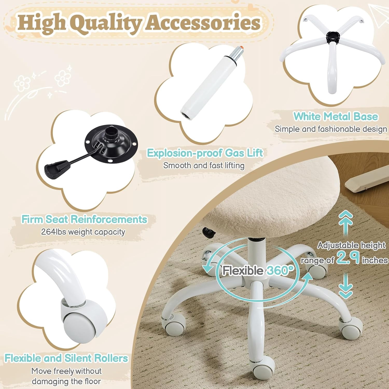 VINGLI Small Vanity Chair with Wheels for Girls.Cute Modern Adjustable Height Armless Office Desk Chair.360°Swivel Comfy Rolling Chair for Study, Make up Room,Small Space,Linen White