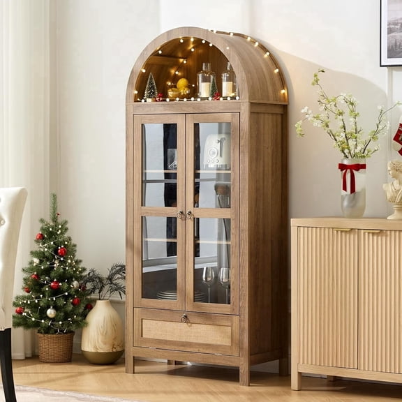 LAZZO 71" Arched Pantry Cabinet with Glass Door & Drawer, Storage Cupboard with Anti-Tipping Device, Natural Wood Color