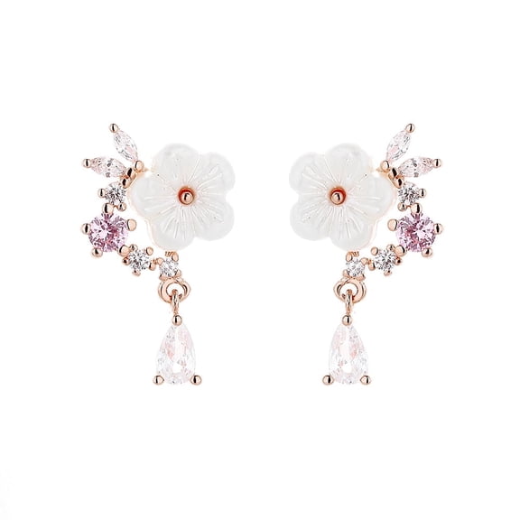 14K Rose Gold Over Sterling Silver and Pink Cat's-Opal Eye Flower Drop Earrings
